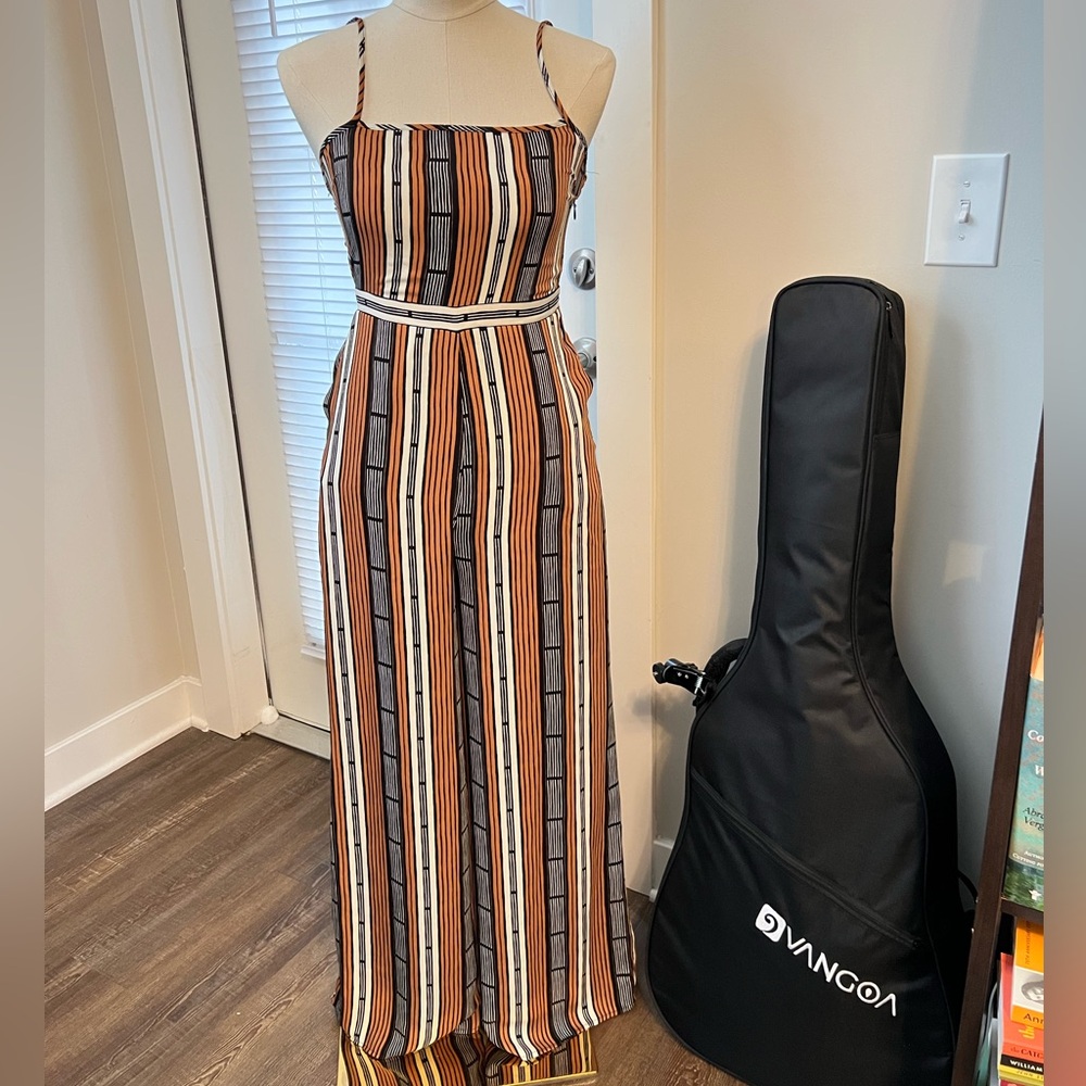 Forever 21 Rust Orange, Black, & Tan Adjustable Thin Strap Jumpsuit
